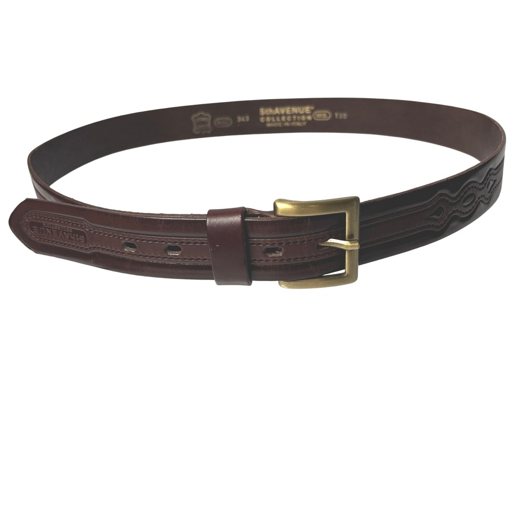 5th Avenue Italy Mens Brown Leather Embossed Western Belt Brass Buckle‎ Gift EUC